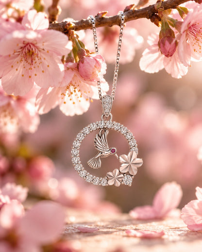 Hummingbird Pink Stone Floral Silver Pendant Necklace