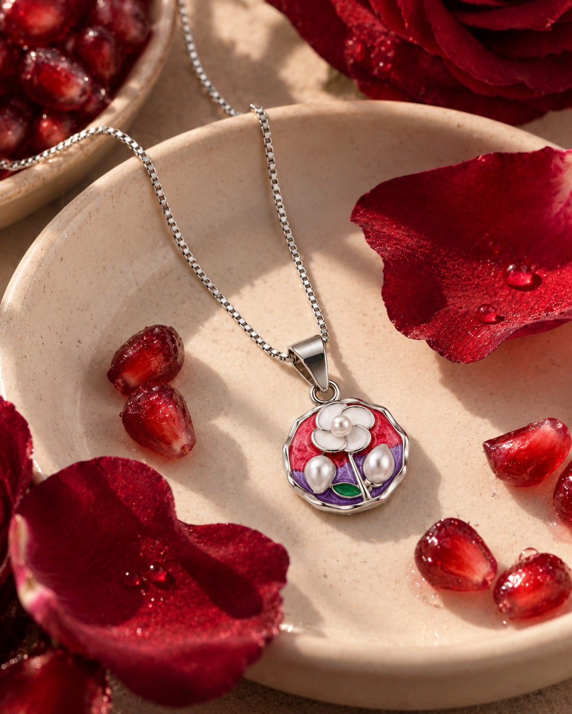 Pink & Purple Floral Pearl Silver Pendant Necklace