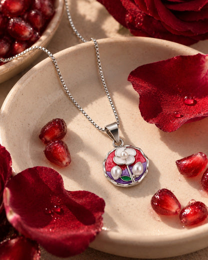 Pink & Purple Floral Pearl Silver Pendant Necklace