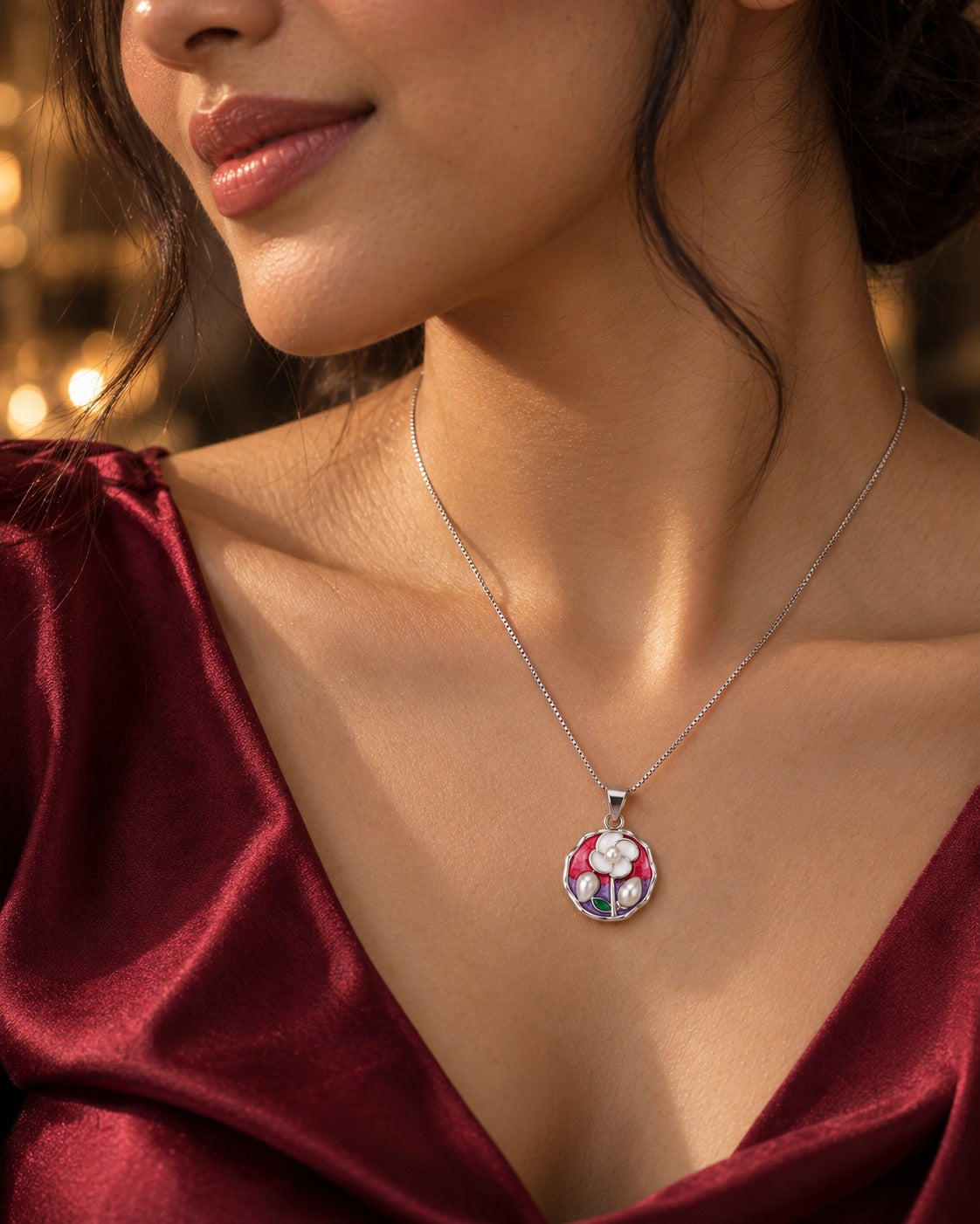 Pink & Purple Floral Pearl Silver Pendant Necklace