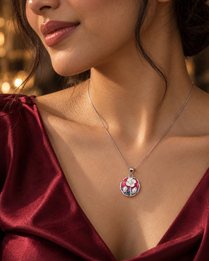Pink & Purple Floral Pearl Silver Pendant Necklace