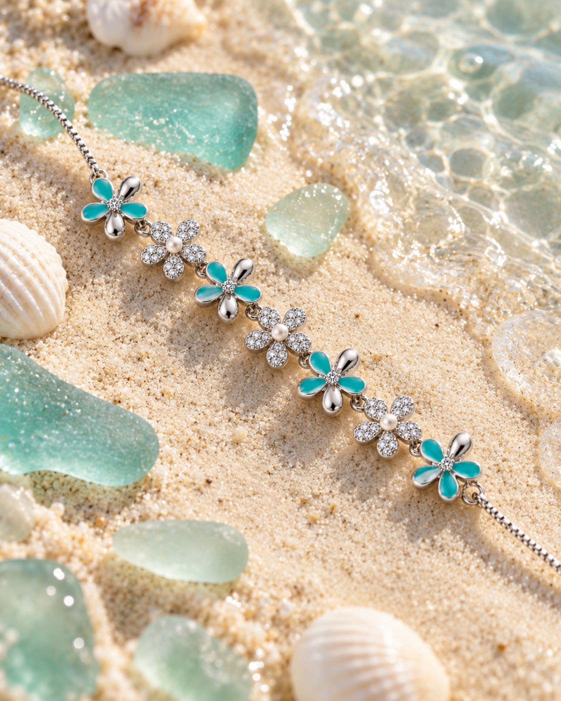 Turquoise & Pearl Floral Sterling Silver Bracelet