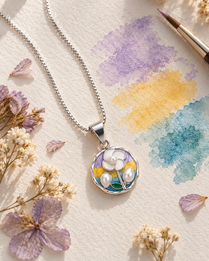 Multicolour Floral Pearl Silver Pendant Necklace