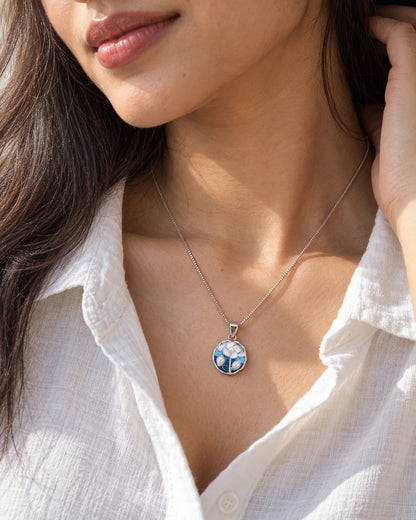 Blue Enamel Floral Pearl Silver Pendant Necklace