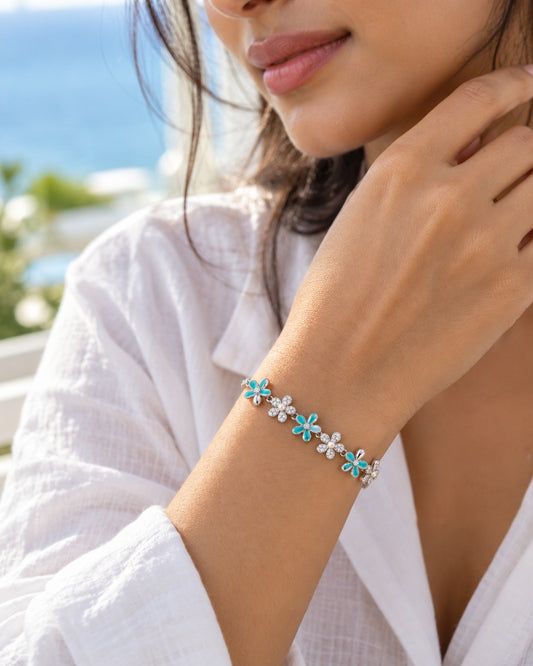 Turquoise & Pearl Floral Sterling Silver Bracelet