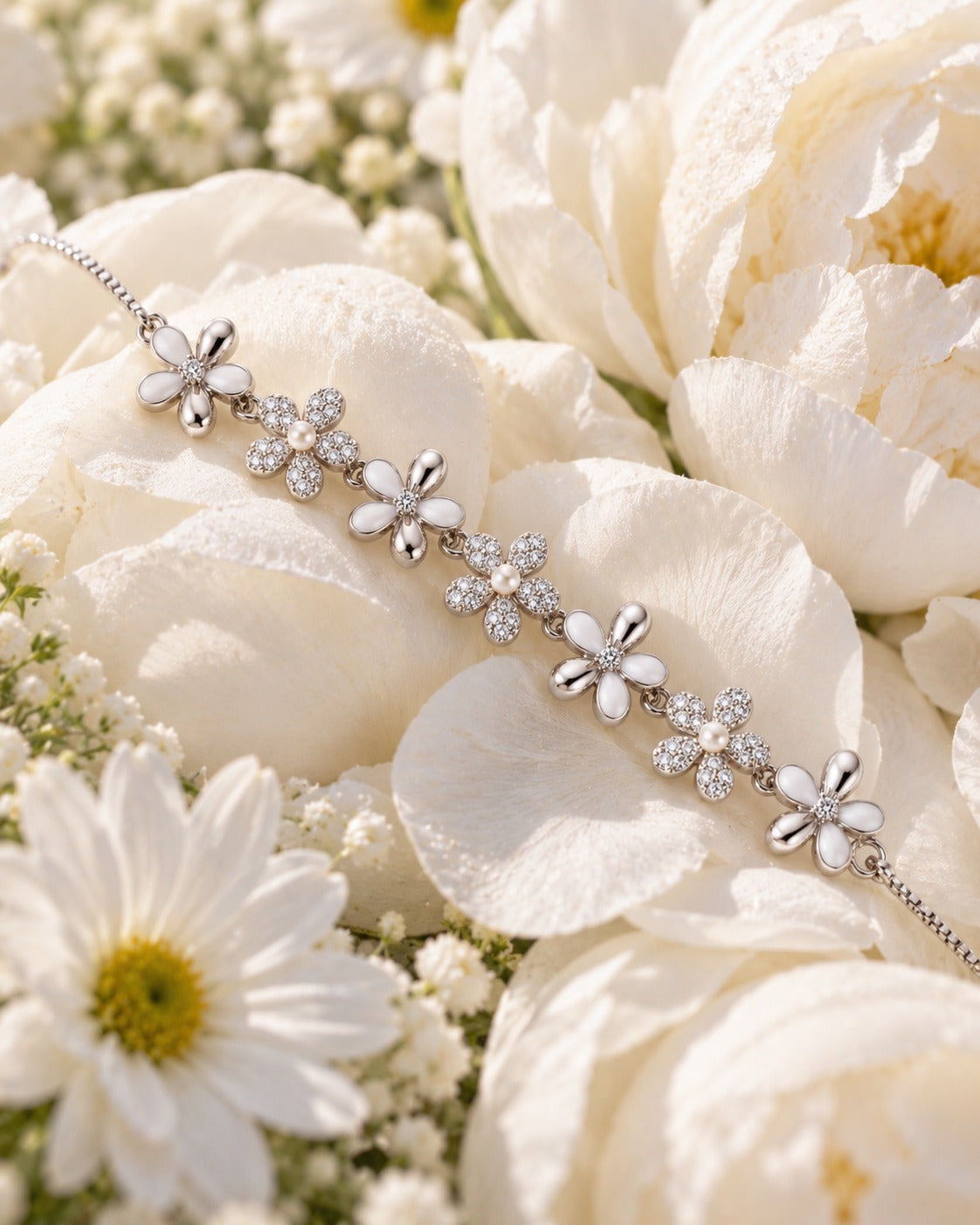 Turquoise & Pearl Floral Sterling Silver Bracelet