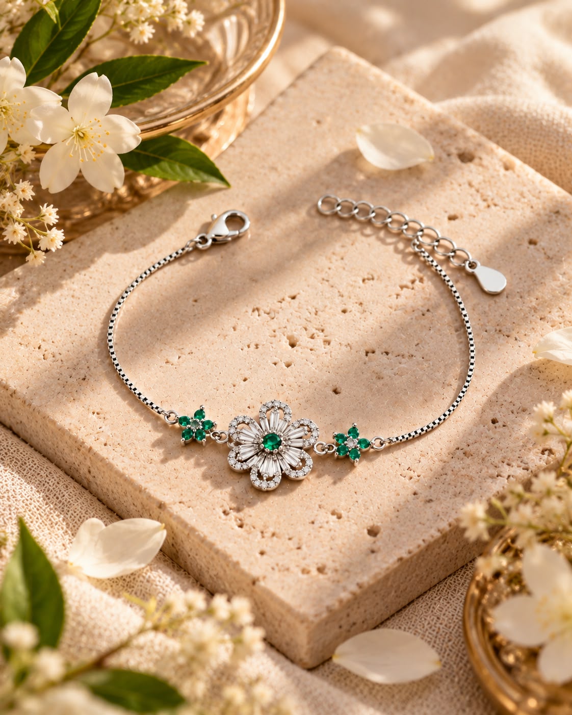 Baby Pink Floral Crystal 925 Silver Bracelet