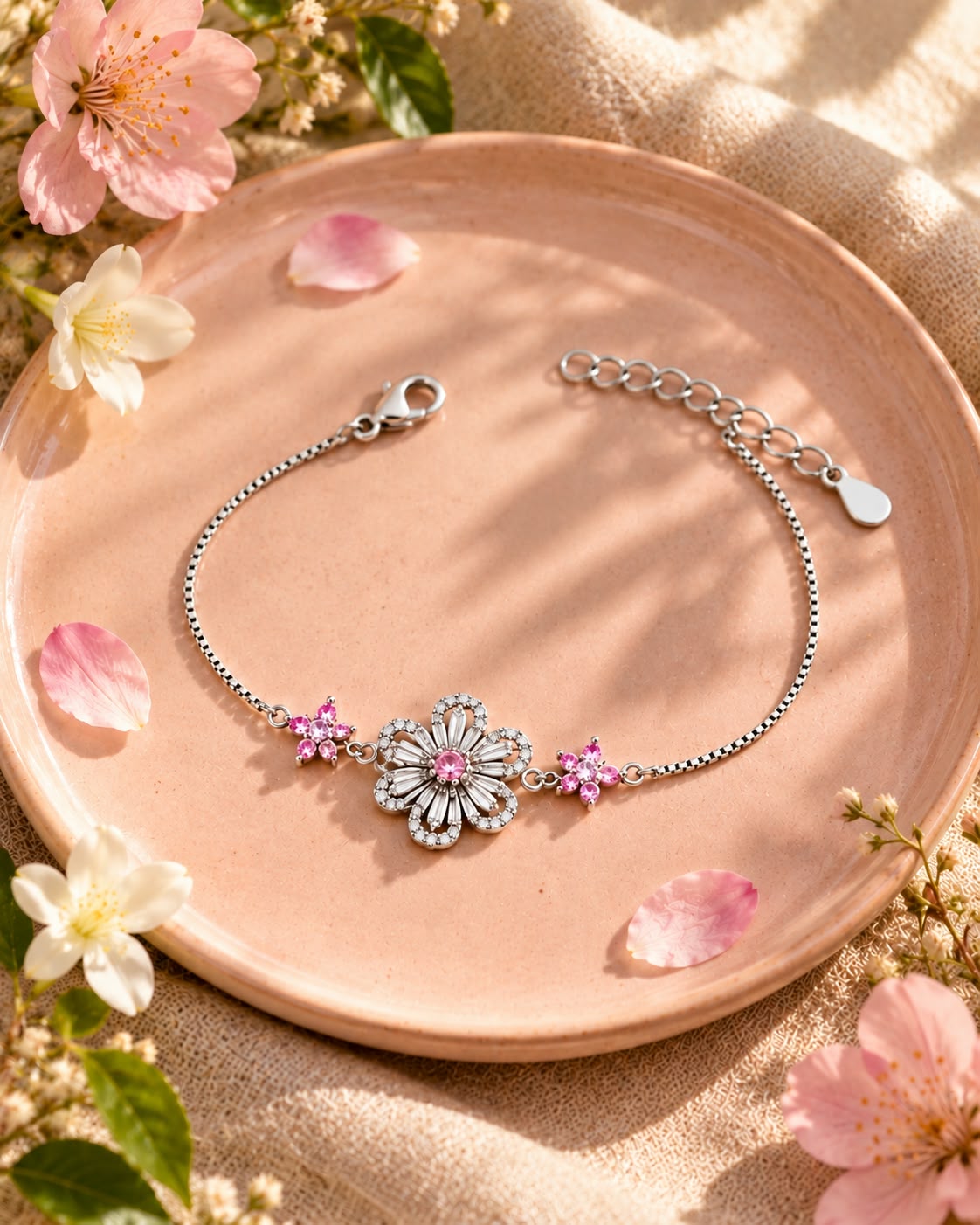 Baby Pink Floral Crystal 925 Silver Bracelet
