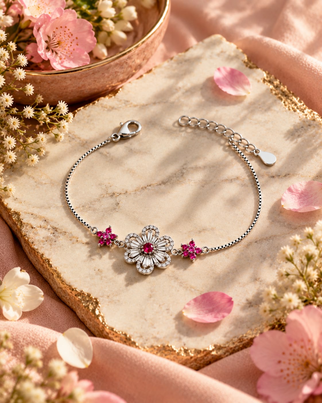 Baby Pink Floral Crystal 925 Silver Bracelet