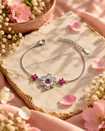 Baby Pink Floral Crystal 925 Silver Bracelet