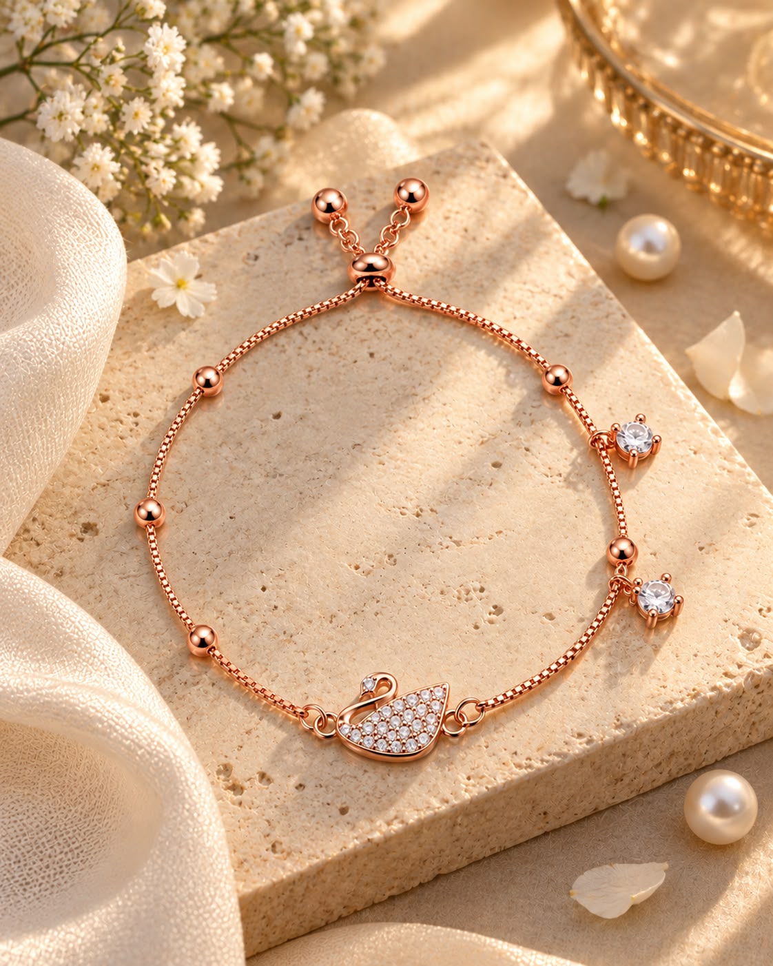 Silver Swan Charm Adjustable Bracelet with Crystal Accents