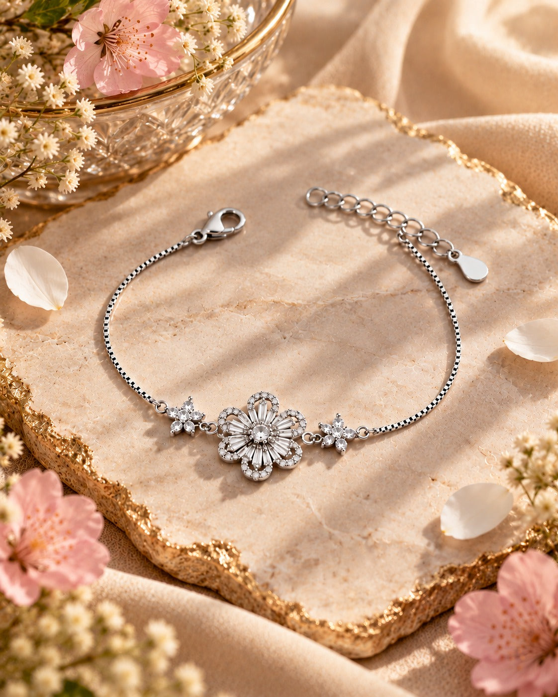 Baby Pink Floral Crystal 925 Silver Bracelet