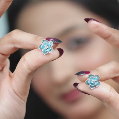 Blue Blossom Enamel Earrings  - 925 Silver