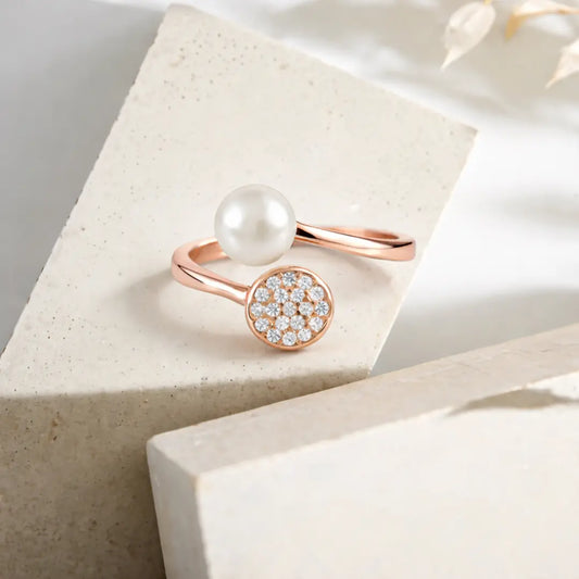 Modern 925 Silver Rose Gold Pearl & Pavé Adjustable Ring