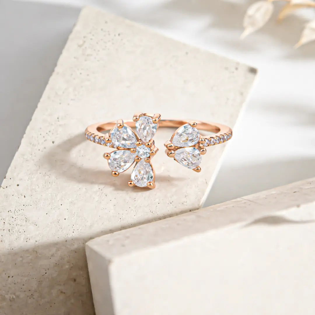 Radiant 925 Silver Rose Gold Petal & Pearl Adjustable Ring