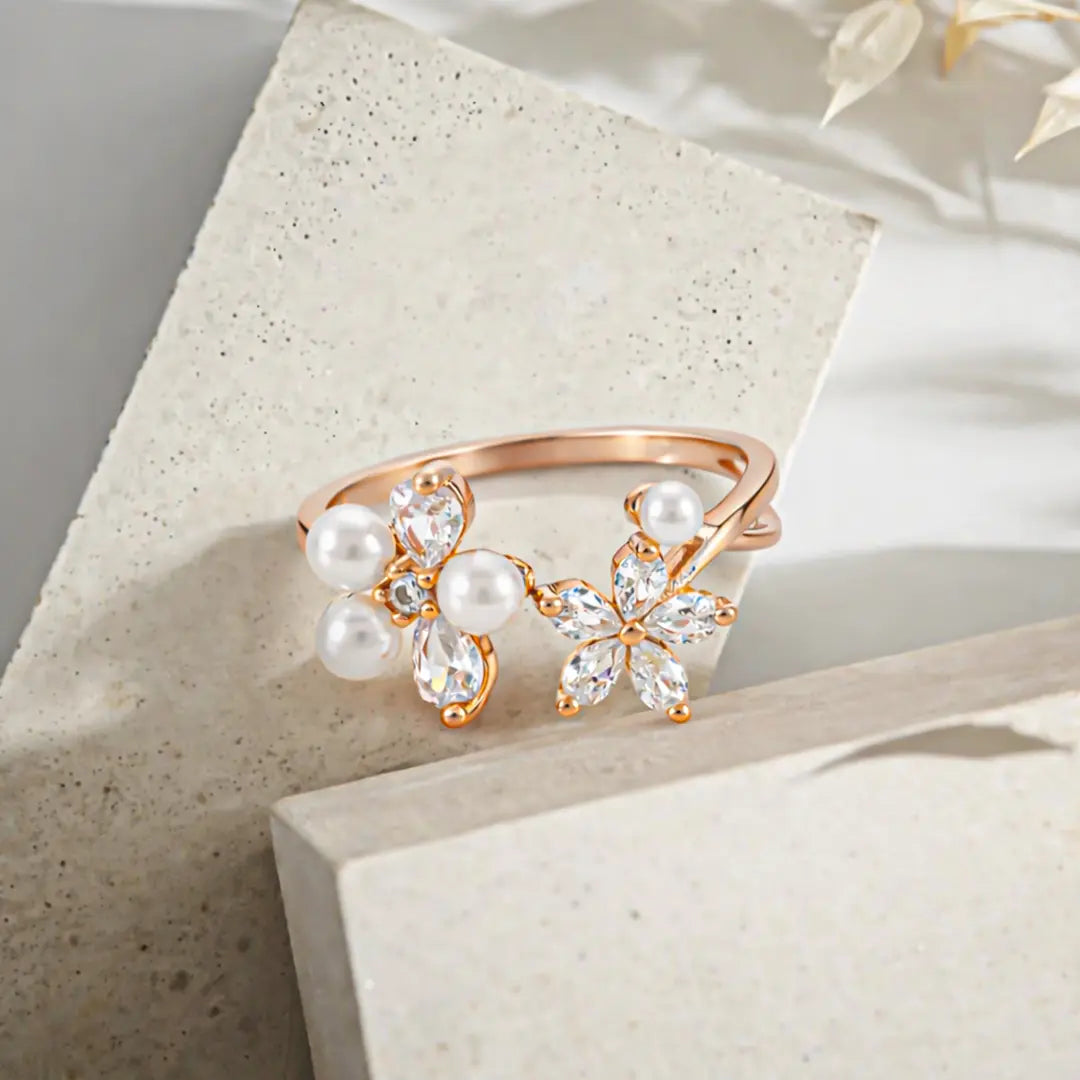 Graceful 925 Silver Rose Gold Floral Pearl Adjustable Ring