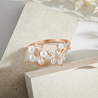Graceful 925 Silver Rose Gold Floral Pearl Adjustable Ring