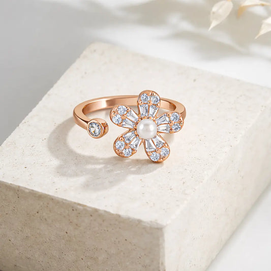 Luminous 925 Silver Rose Gold Petal & Pearl Adjustable Ring