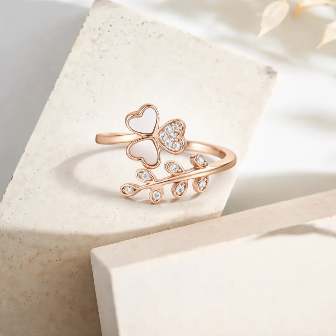 Graceful 925 Silver Rose Gold Clover & Vine Adjustable Ring