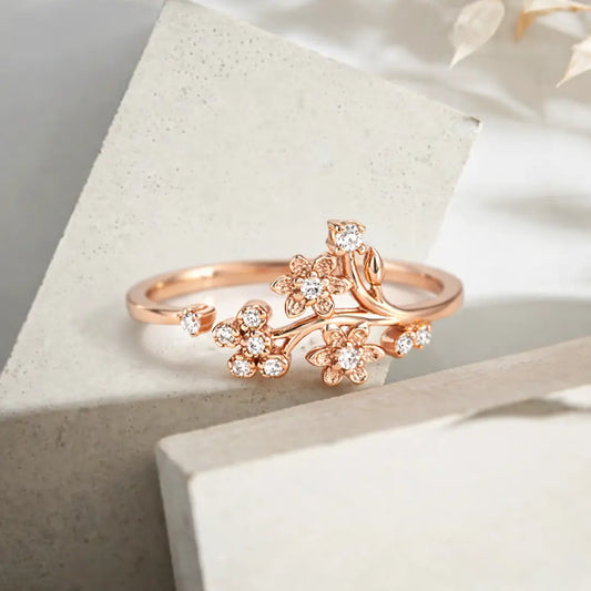 Graceful 925 Silver Rose Gold Twin Blossom Adjustable Ring