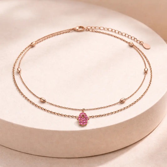 Mystic Hamsa 925 Silver Rose Gold Double-Layer Adjustable Bracelet