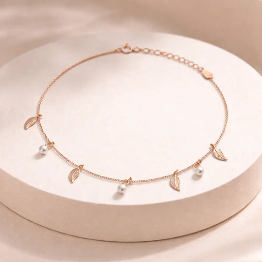 Golden Leaf & Pearl 925 Silver Adjustable Charm Bracelet