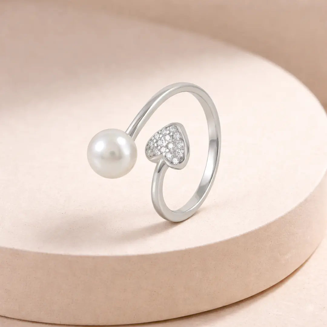 Elegant 925 Silver Heart & Pearl Adjustable Open Ring