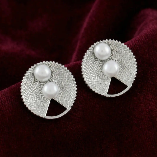 Plain Silver with Fresh Water Pearl Earrings - 925 Silver