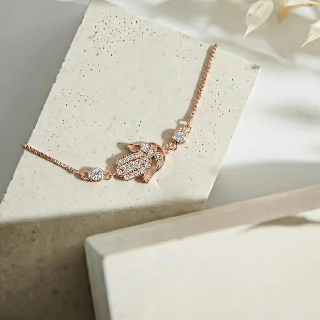 Divine Protection 925 Silver Rose Gold Hamsa Adjustable Bracelet