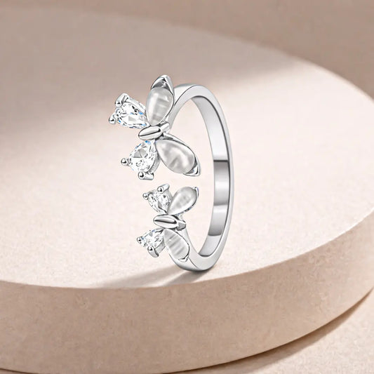 Whimsical 925 Silver Twin Butterfly Adjustable Open Ring