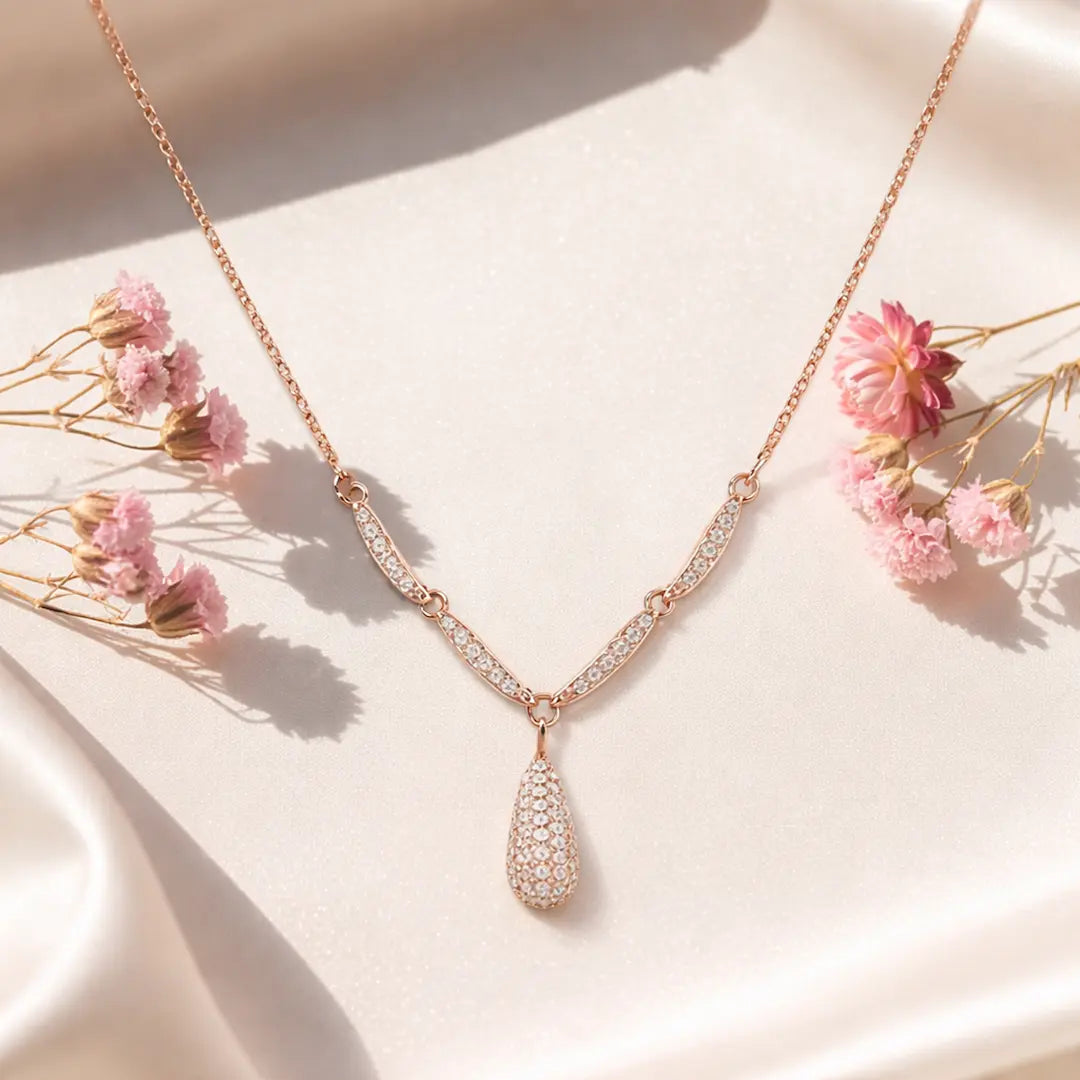 Sparkling 925 Silver Rose Gold Droplet Adjustable V-Necklace