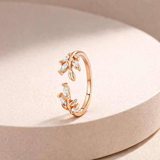 Graceful 925 Silver Rose Gold Laurel Leaf Adjustable Ring
